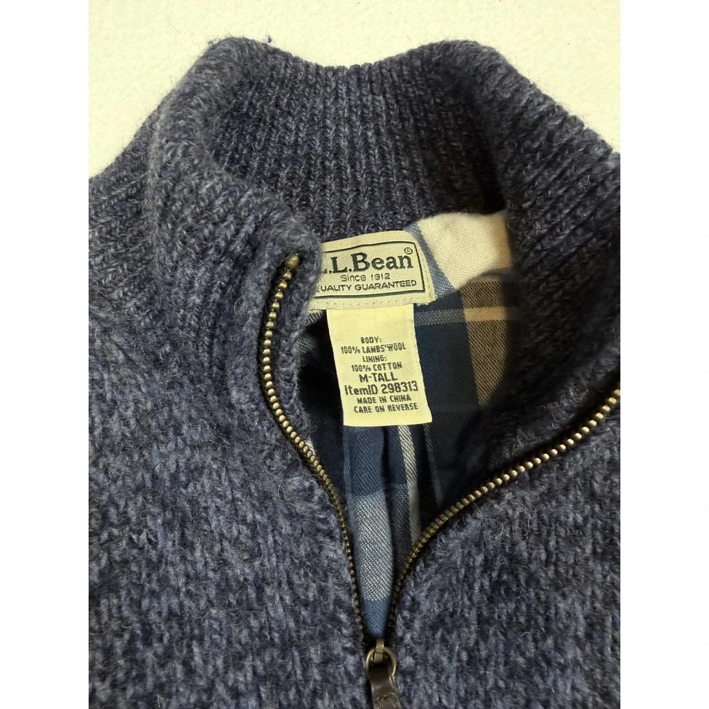 LL Bean Mens Lambswool Full Zip Cardigan Sweater Blue Plaid Lined M Tall 298313